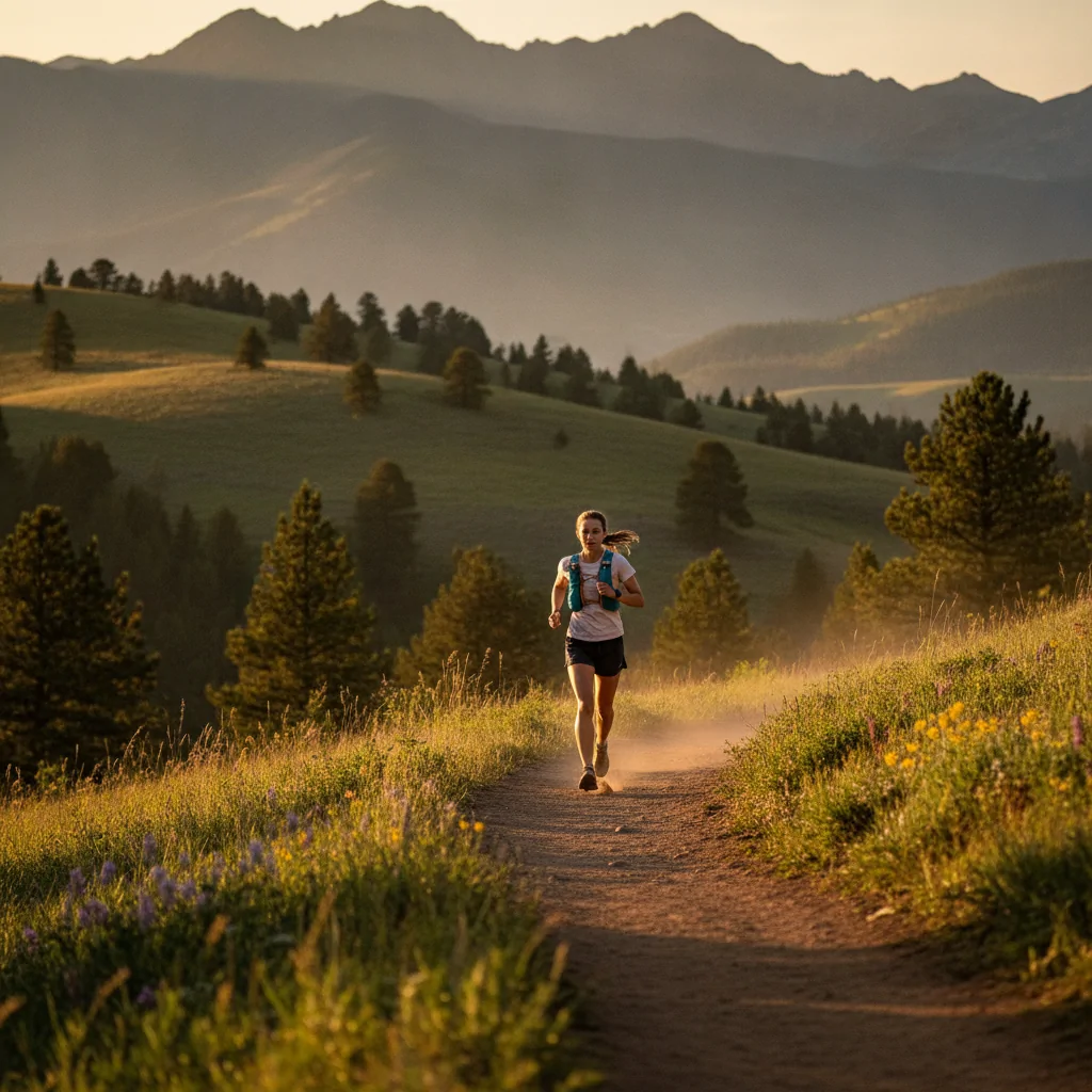 Physical Therapy for Running Injuries Runner on Colorado trail with mountains in background, mid-stride on dirt path